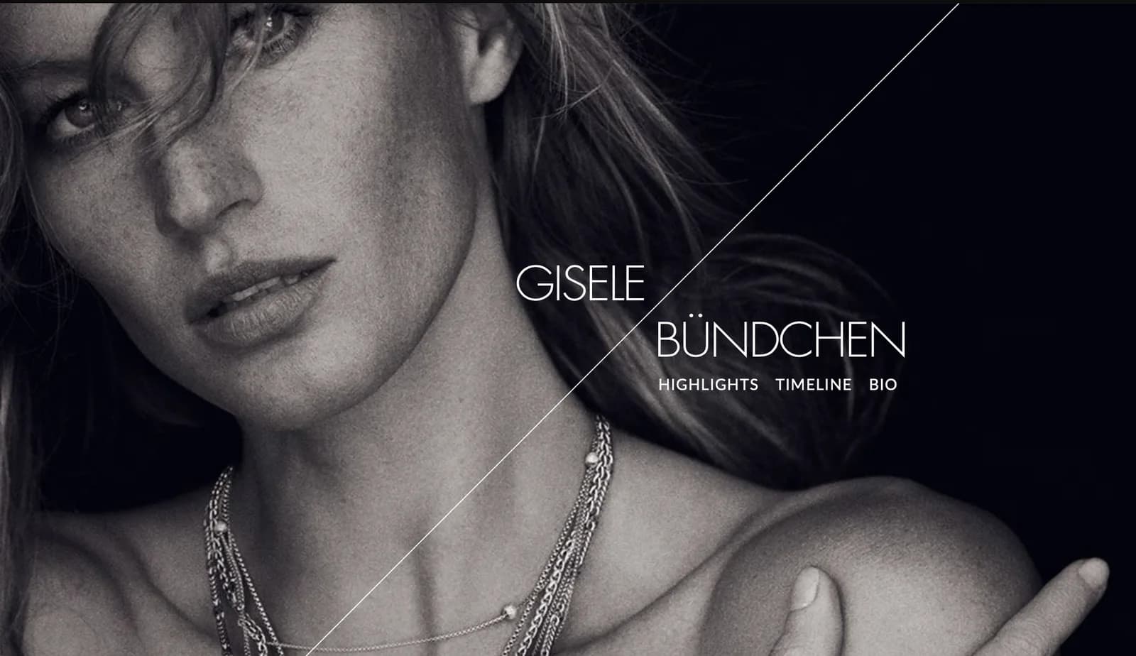 Página histórica do site oficial de Gisele Bündchen — fotografia editorial em preto e branco com navegação 'Highlights Timeline Bio'. Parte do acervo da Aldeia.